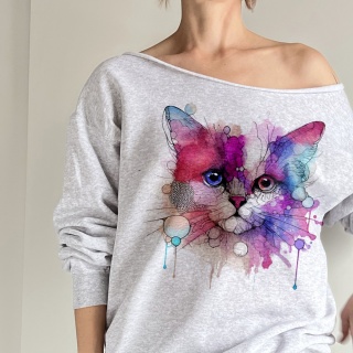 Bluza damska oversize z akwarelowym nadrukiem kota – szara
