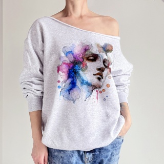 Bluza damska oversize z akwarelowym nadrukiem twarzy – szara