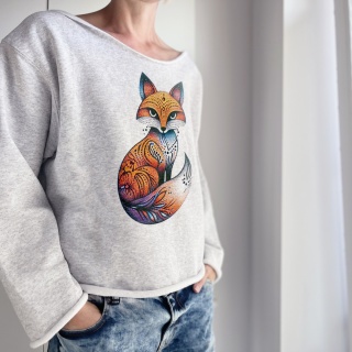 Bluza damska oversize z nadrukiem lisa dotwork – szara bez ściągaczy