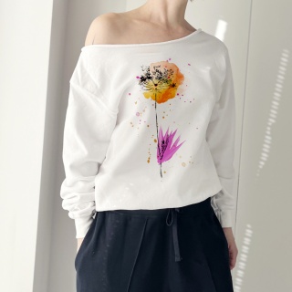 Bluza damska oversize z botanicznym nadrukiem kopru – biała