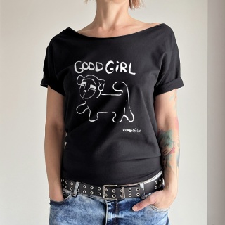 Koszulka damska oversize z grafiką Pauliny Korbaczyńskiej Good Girl black-white – czarna