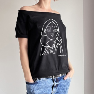 Koszulka damska oversize z grafiką Pauliny Korbaczyńskiej Fox Love black-white – czarna