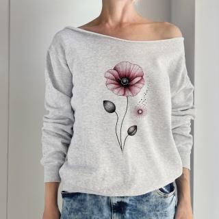 Bluza damska oversize z botanicznym nadrukiem maku dotwork – szara