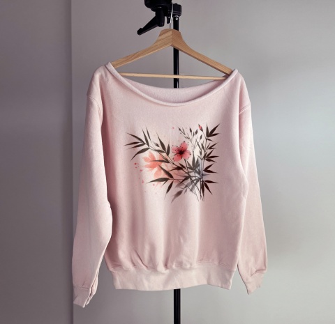 Kwiaty liście bambusa Rózowa Bluza Cięta Kwiaty liście bambusa Rózowa Bluza Cięta