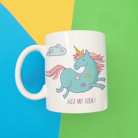 Kubek z jednorożcem „Ale miły dzień” – pastelowy kubek 330 ml