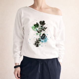 Bluza damska oversize z botanicznym nadrukiem bluszczu – biała