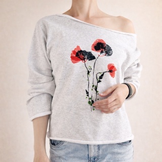 Bluza damska oversize z botanicznym nadrukiem maków – szara