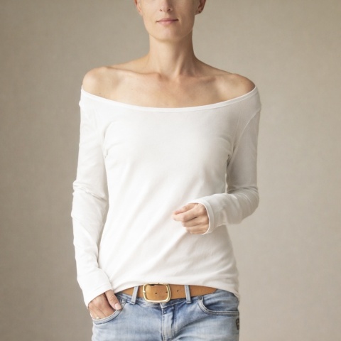 Koszulka damska biała dopasowana długi rękaw szeroki dekolt