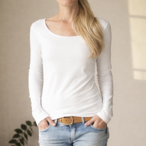 Koszulka damska biała dopasowana długi rękaw szeroki dekolt