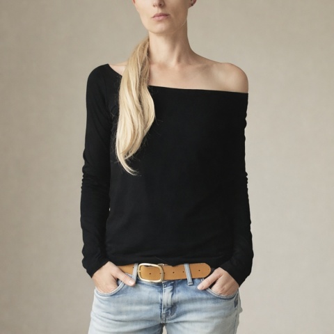 Koszulka damska czarna dopasowana długi rękaw szeroki dekolt