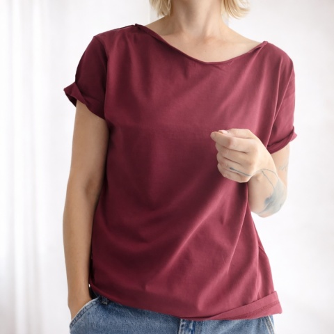 Koszulka damska Oversize bez nadruku Bordowa