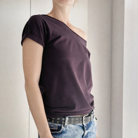 Koszulka damska Oversize bez nadruku Ciemny fiolet Bakłażan