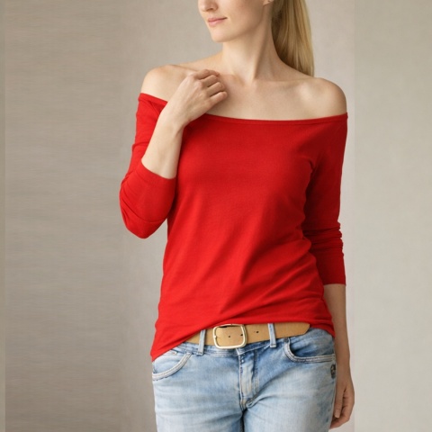 Koszulka damska czerwona dopasowana długi rękaw szeroki dekolt