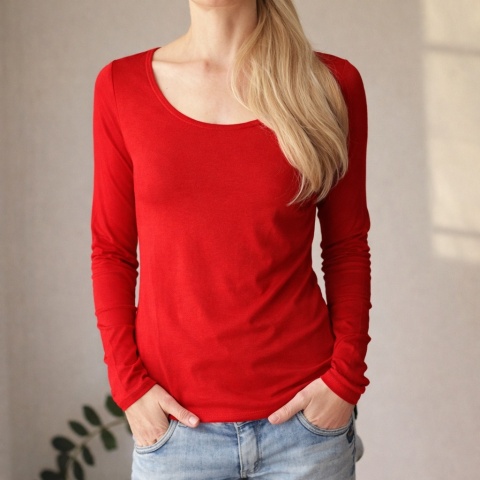 Koszulka damska czerwona dopasowana długi rękaw szeroki dekolt