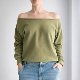 Oliwkowa bluza oversize z ciętym dekoltem ze ściągaczami