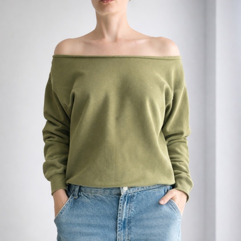 Oliwkowa bluza oversize z ciętym dekoltem ze ściągaczami