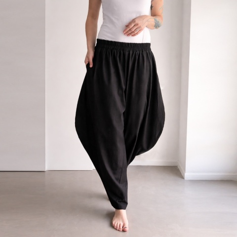 Spodnie damskie lniane czarne haremki szerokie