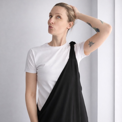 Spodnie damskie ogrodniczki lniane czarne asymetryczne