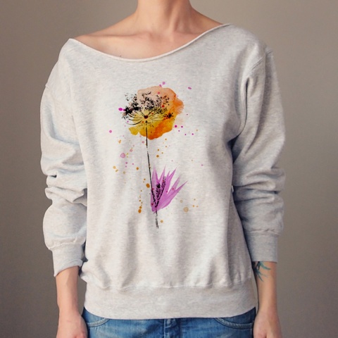 Bluza damska oversize z botanicznym nadrukiem kopru – szara – pojedynczy egzemplarz