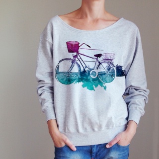 Bluza damska oversize z kolorowym nadrukiem roweru – szara