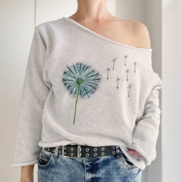 Bluza damska oversize z nadrukiem dmuchawca – szara gruba bez ściągaczy