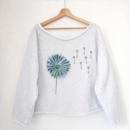 Bluza damska oversize z nadrukiem dmuchawca – szara gruba bez ściągaczy