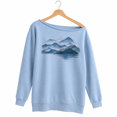 Bluza damska oversize z nadrukiem japońskiego pejzażu – pudrowo-niebieska