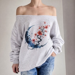 Bluza damska oversize z nadrukiem sakury w niebieskim kole – szara - pojedynczy egzemplarz