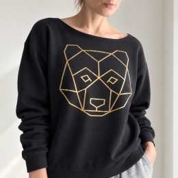 Bluza damska oversize ze złotym geometrycznym misiem – czarna
