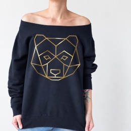 Bluza damska oversize ze złotym geometrycznym misiem – czarna
