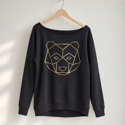 Bluza damska oversize ze złotym geometrycznym misiem – czarna