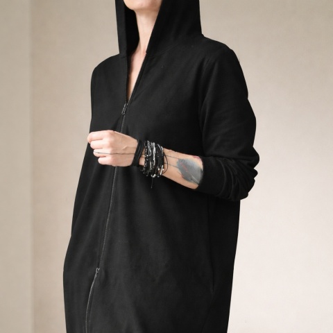 Długa bluza damska oversize z kapturem i zamkiem – czarna