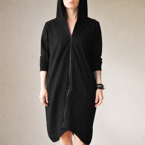 Długa bluza damska oversize z kapturem i zamkiem – czarna