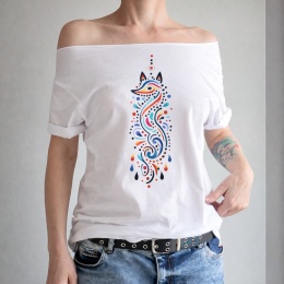 Koszulka damska oversize z boho nadrukiem lisa – biała