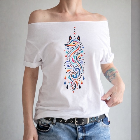 Koszulka damska oversize z boho nadrukiem lisa – biała
