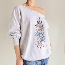 Bluza damska oversize z boho nadrukiem lisa – szara