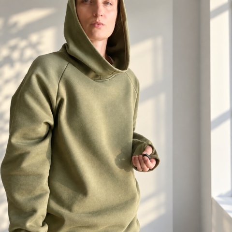 Bluza damska oversize z dużym kapturem i dziurkami na kciuki – blada oliwka