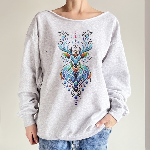 Bluza damska oversize z nordyckim nadrukiem jelenia – szara