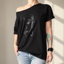 Koszulka damska oversize z czarnym line artem twarzy – czarna