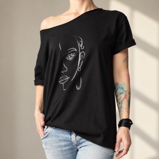 Koszulka damska oversize z czarnym line artem twarzy – czarna