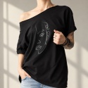 Koszulka damska oversize z czarnym line artem twarzy – czarna